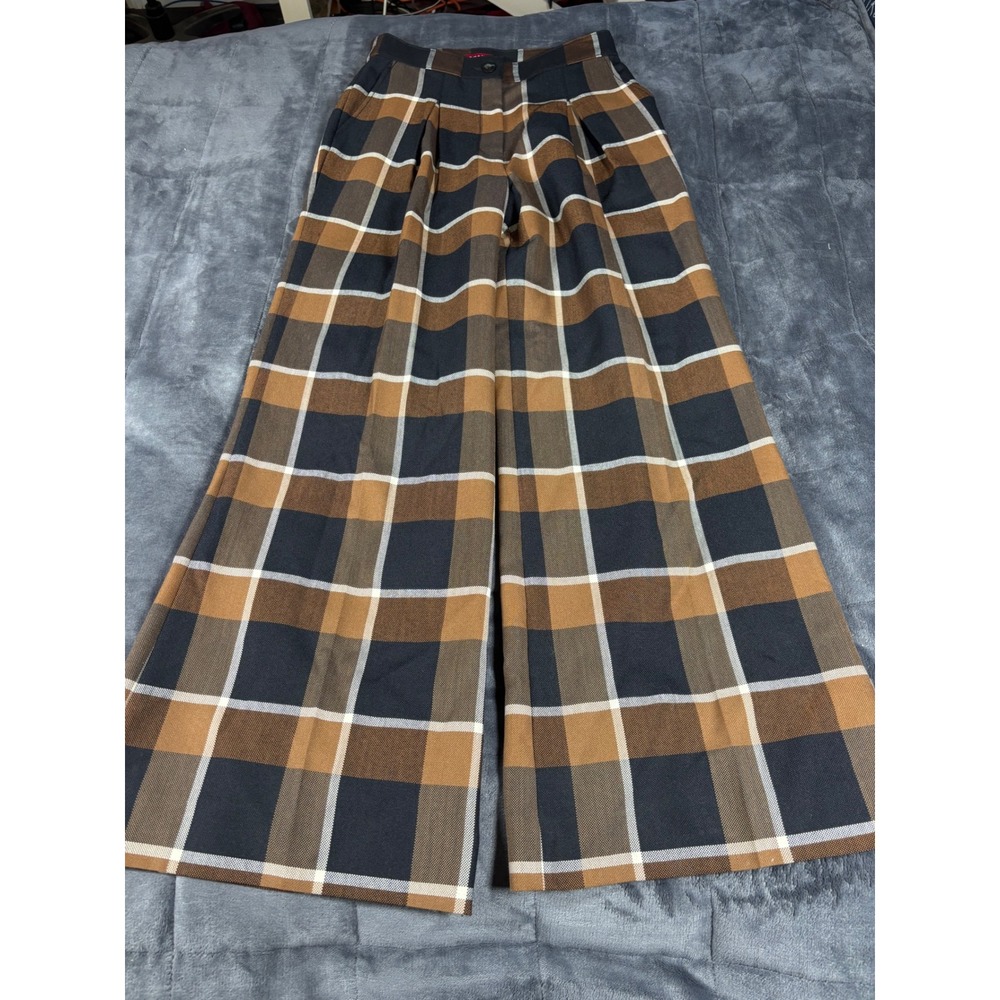 STAUD Brown Black Plaid Wide Leg Wool Blend Pleated High Rise Trousers Pants - Picture 1 of 15
